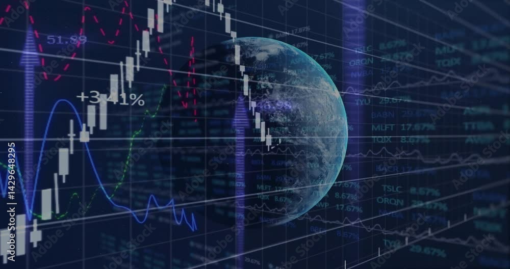 Poster 3d earth globe floating over dark grid displaying candlestick bars, line graphs and stock tickers