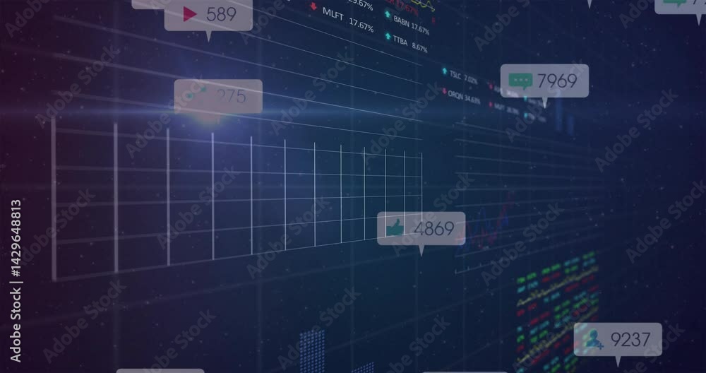 Poster Data visualization displaying floating GUI bubbles moving across clear 3D grid with stock tickers