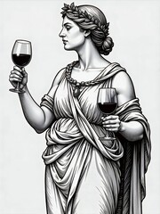 A black and white illustration of a woman in a classical robe holding two wine glasses, adorned with a laurel crown
