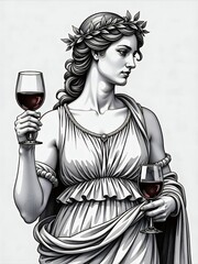 A black and white illustration of a woman in a classical robe holding two wine glasses, adorned with a laurel crown