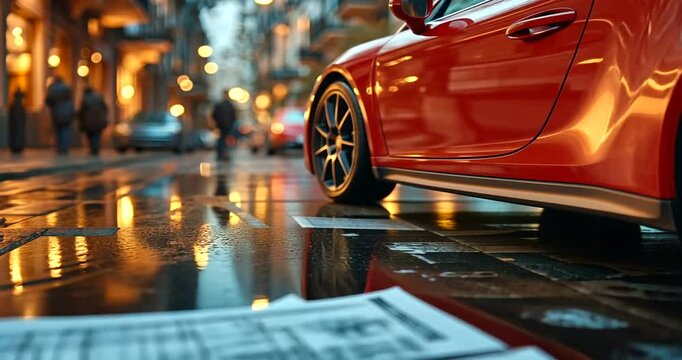 A sleek red sports car parked on a wet street with architectural plans scattered nearby, evening glow