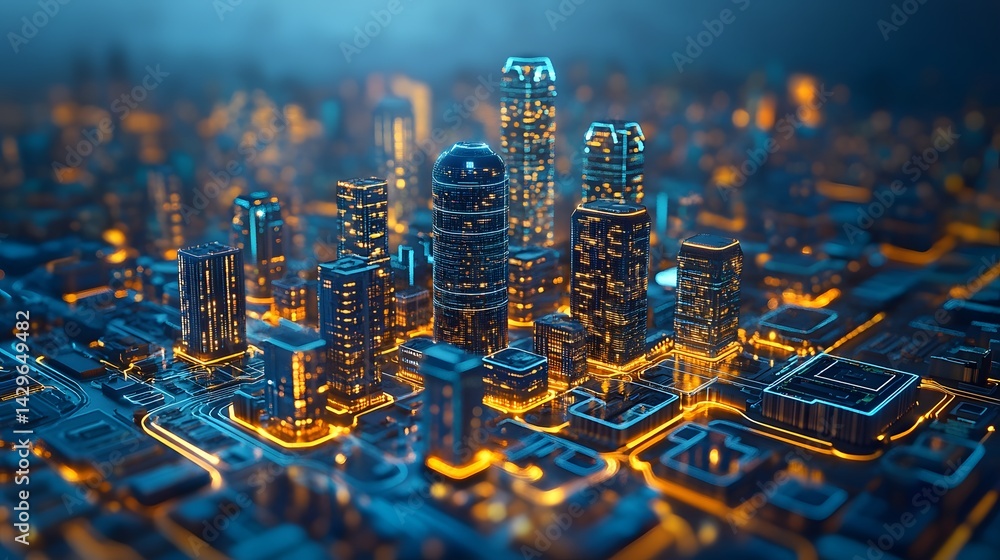 Poster a digital rendering of a futuristic city at night, glowing with vibrant lights and intricate circuit