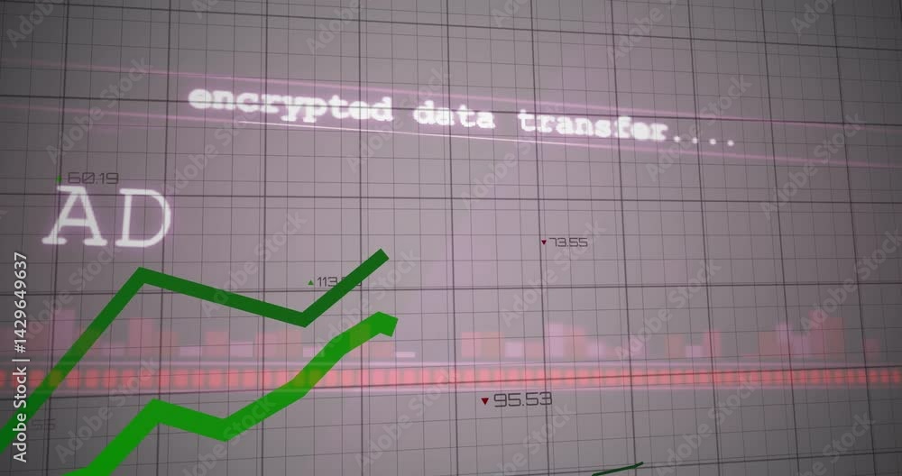 Poster encrypted data transfer interface being animated on screen, showing green zigzag lines and red bars