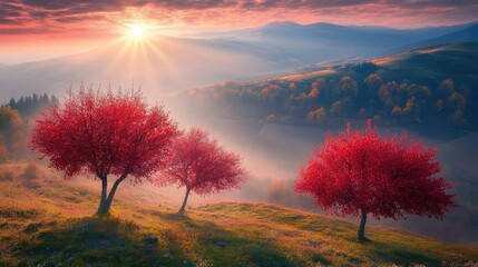 Autumn sunrise over a hillside orchard with trees in fiery seasonal shades