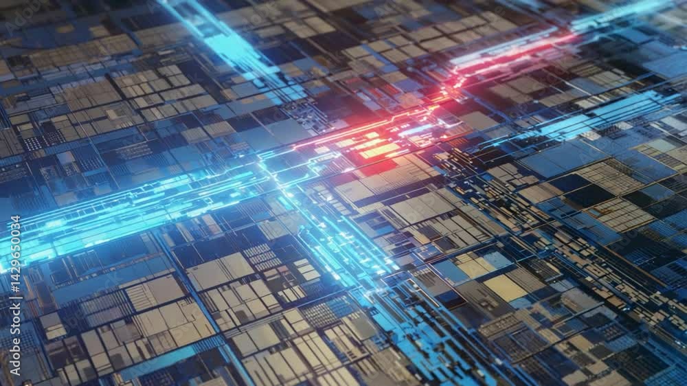 Poster abstract circuit board network with glowing lines.