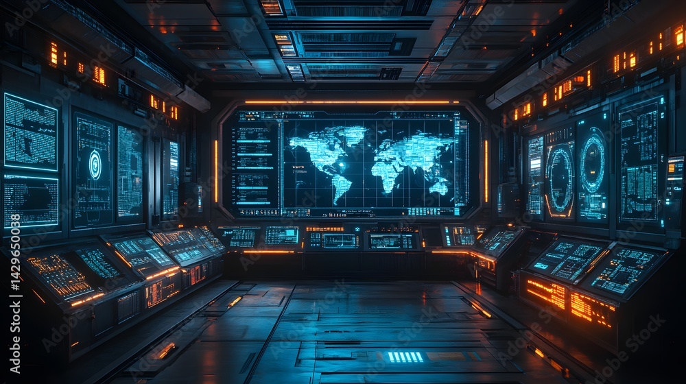 Poster a futuristic control room with large screens displaying global data. high tech and immersive. digita