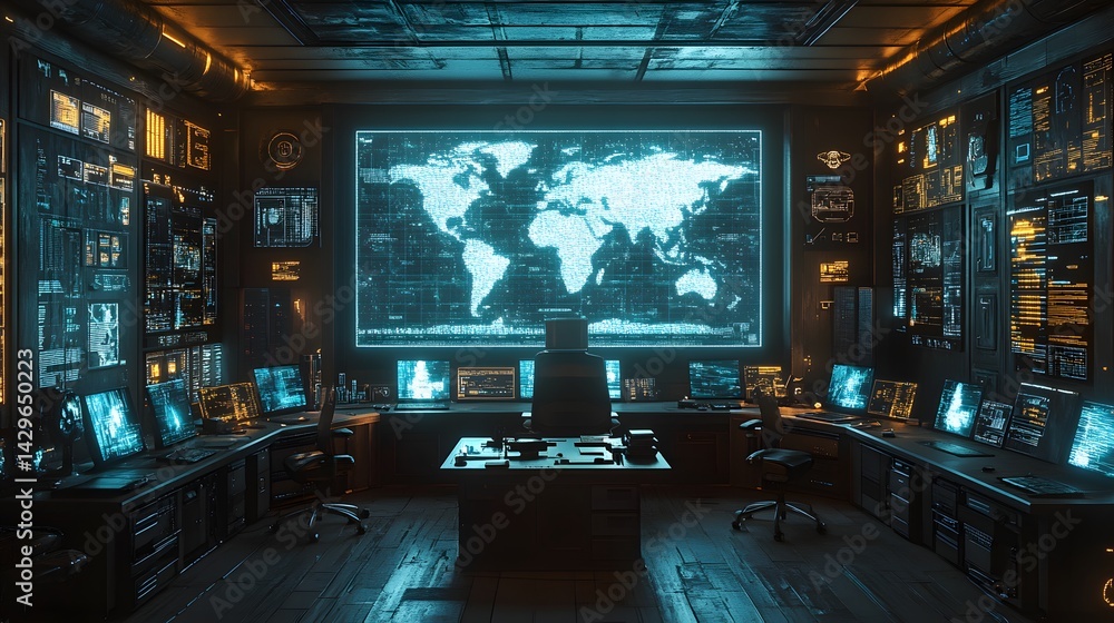Poster a futuristic command center displays global data on massive screens, showcasing advanced cybersecuri