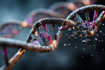 A detailed illustration shows a DNA double helix with broken parts and falling fragments, on a dark background.