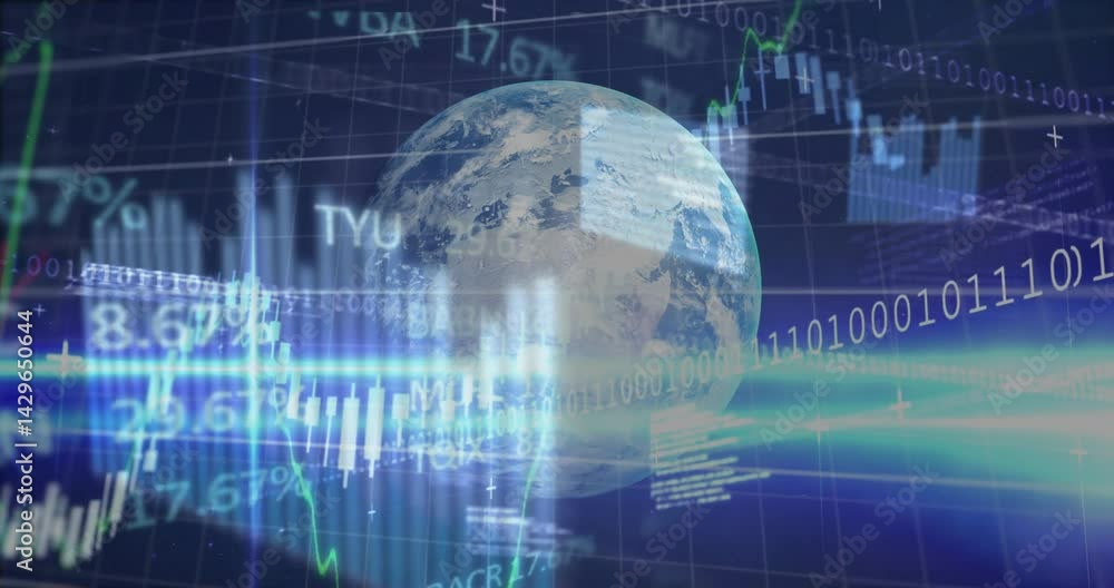 Poster 3d earth globe being animated in blue grid ui with binary streams, line graphs and candlesticks
