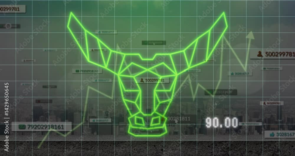 Aufkleber wireframe bull head graphic rising on grid, showing upward trend line and floating numeric icons