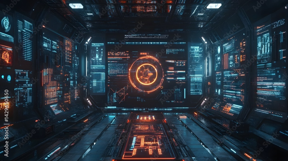 Poster a futuristic spaceship bridge with glowing neon lights and advanced technology screens. the image sh