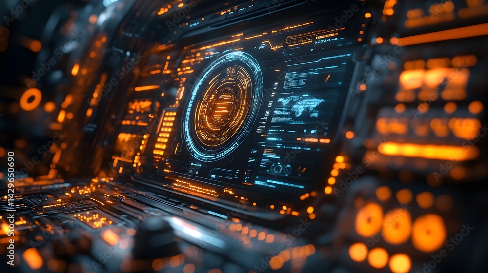 Aufkleber close-up of a futuristic cockpit's digital interface showcasing advanced technology. digital futuris