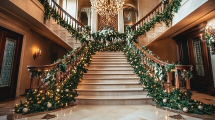 Obraz premium Decorated staircase with garland inside mansion for holiday, for architecture blog