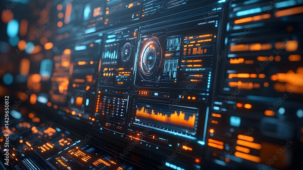 Poster an image depicting a futuristic technological interface, showcasing vibrant displays of data and inf