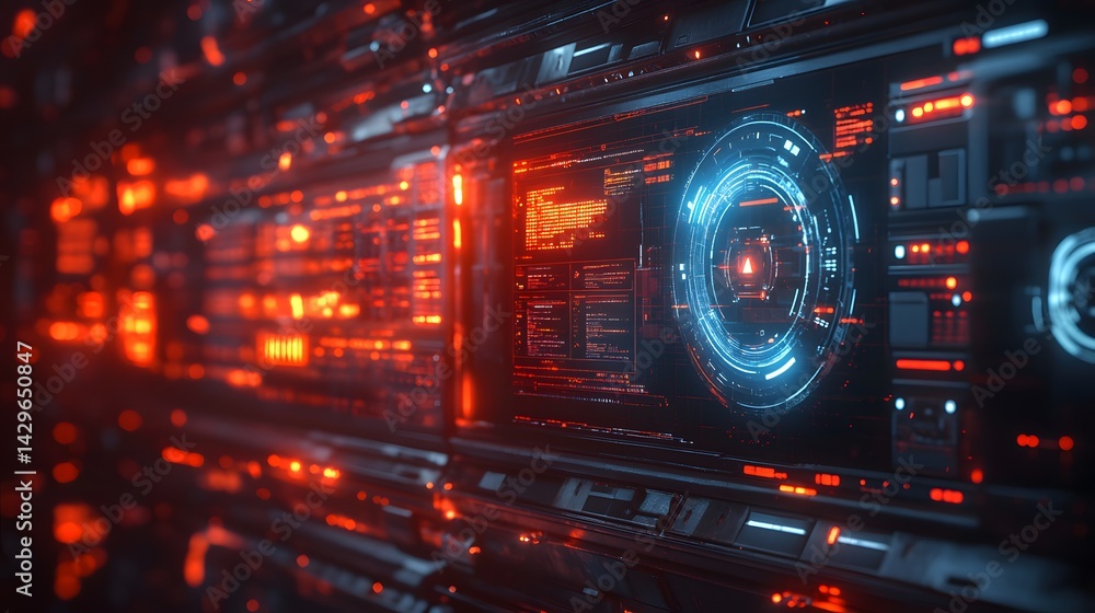 Poster a digital artwork depicting a futuristic tech interface with glowing lights and data streams. digita
