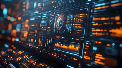 Naklejka premium An image depicting a futuristic technological interface, showcasing vibrant displays of data and information. Digital hackers dashboard. Futuristic Technology Interface display tracking