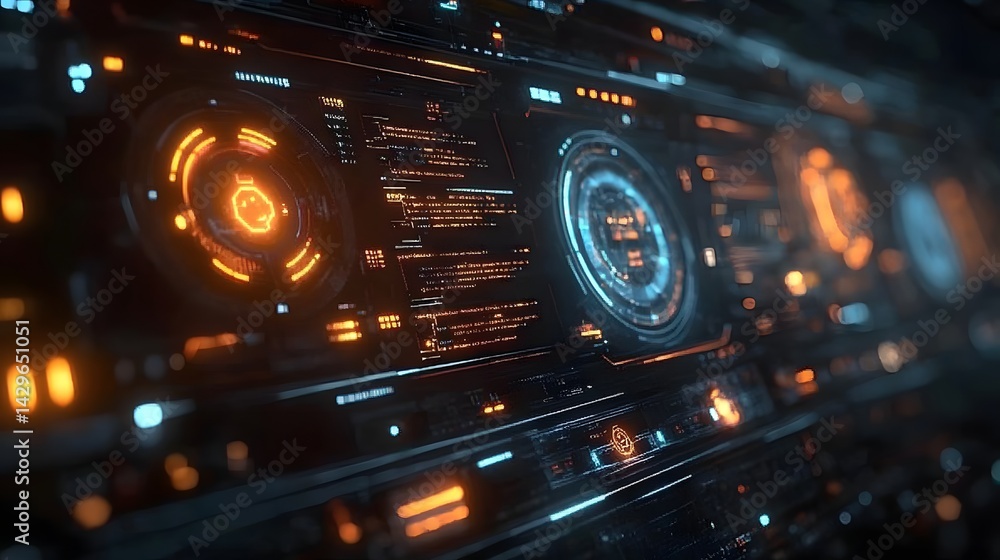 Poster a futuristic digital dashboard with glowing orange and blue elements. the design features various da