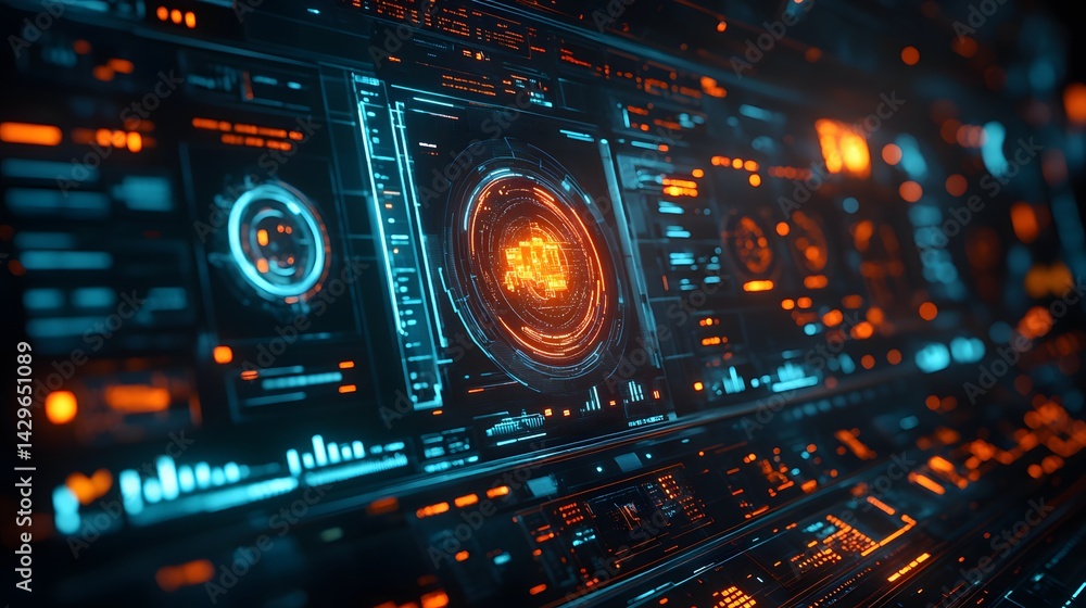 Leinwandbilder Close-up of a futuristic digital interface with glowing orange and blue elements. Digital Futuristic Tech Cybernetic Control Panel Display