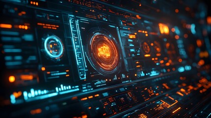Obraz premium Close-up of a futuristic digital interface with glowing orange and blue elements. Digital Futuristic Tech Cybernetic Control Panel Display