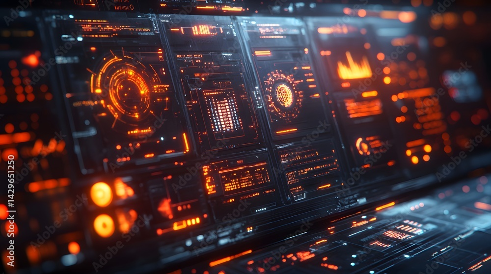 Leinwandbilder Close-up of a futuristic digital interface with glowing orange displays and intricate details. Digital Futuristic Tech Cybernetic Control Panel Display