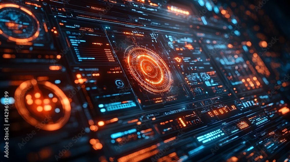 Poster a futuristic digital dashboard with glowing orange and blue elements. shows a complex technological 