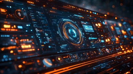 Obraz premium Close-up view of a futuristic digital interface, glowing with vibrant orange and blue lights. Sci-fi control panel concept. Digital Futuristic Digital Interface: Neon Lights and Data Streams