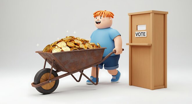 Cartoon Man Wheeling Coins to Voting Booth Funny Election Concept