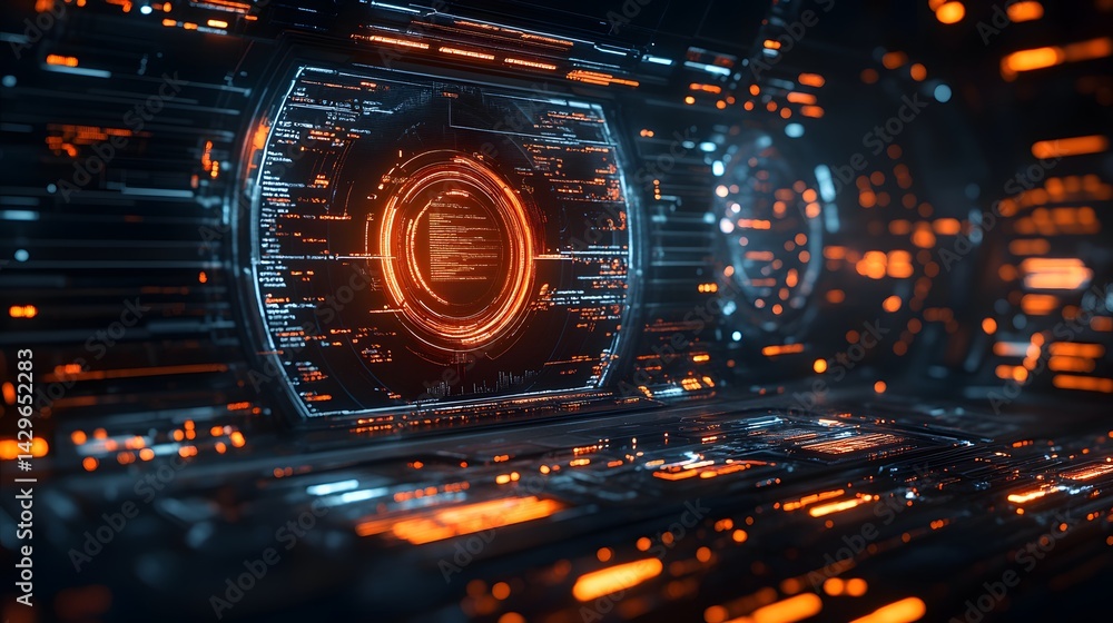 Aufkleber A close-up of a futuristic digital interface, showcasing a vibrant display with glowing orange and blue elements. Digital Futuristic Tech Interface: Digital HUD Display