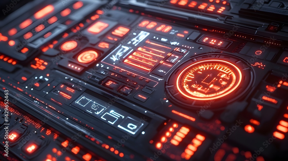 Leinwandbilder Close-up view of a futuristic control panel with glowing red and blue lights. Sci-fi technology concept. Digital Futuristic Tech Interface: Digital HUD Display