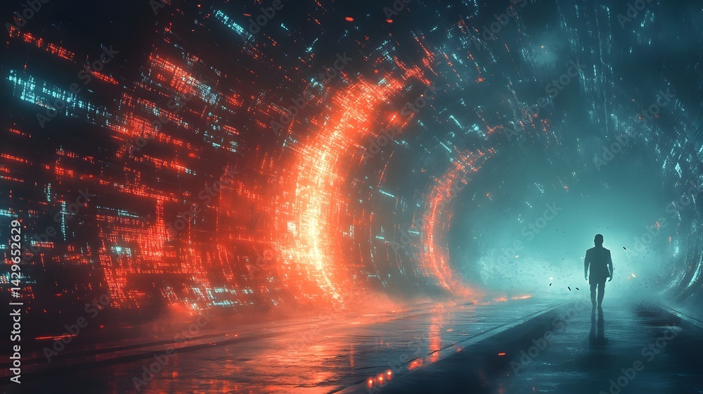 Leinwandbilder silhouette walks through a vibrant neon tunnel. digital art, futuristic and mysterious. digital surr