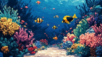 Naklejka premium Vibrant Pixel Coral Reef Ecosystem perfect for corporate annual report designs