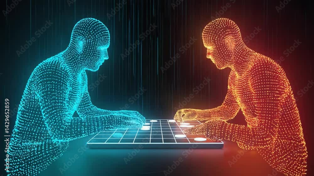Aufkleber digital figures playing a grid-based game.