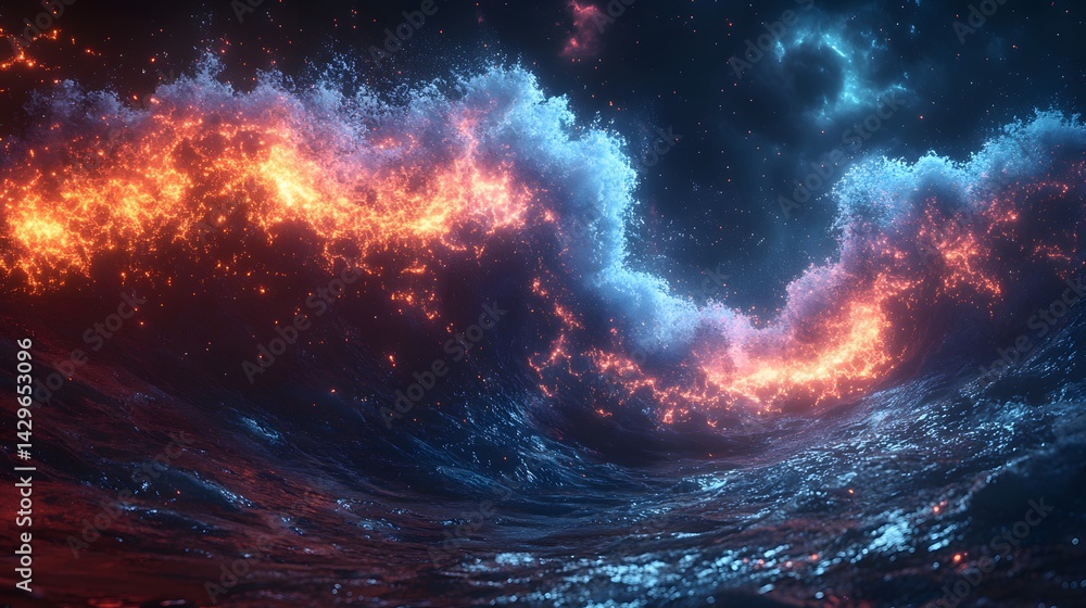 Aufkleber digital artwork depicting fiery and icy waves merging in a dark, cosmic ocean. a surreal and mystica