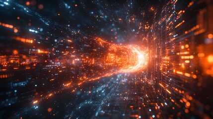 Obraz premium Abstract digital tunnel, neon lights, futuristic space journey. Glowing energy and data stream. Digital Surreal depiction of a Cyber Attack