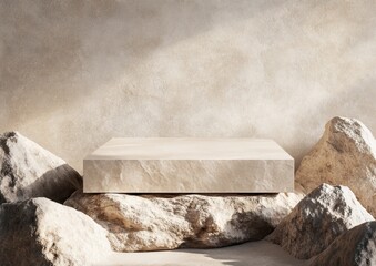 Beige stone platform on rocky backdrop