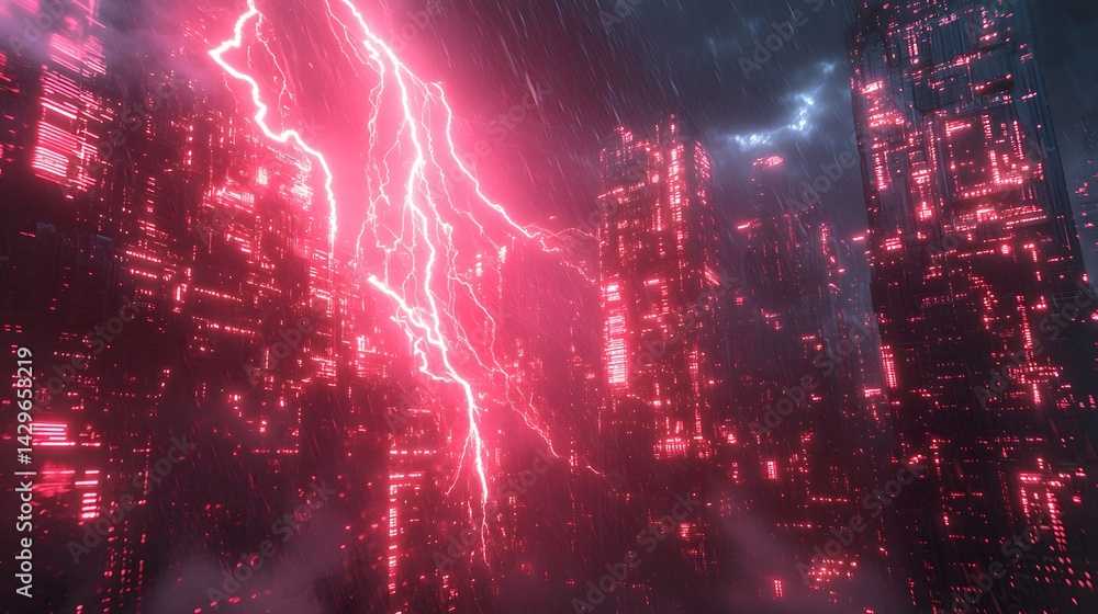 Poster a cyberpunk city drenched in rain, illuminated by bright pink lightning. futuristic architecture dom