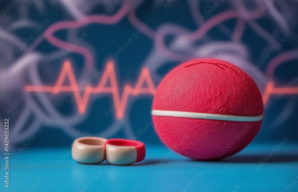 Aufkleber a red sphere and two small containers rest on a blue surface with blurry, abstract patterns suggesti