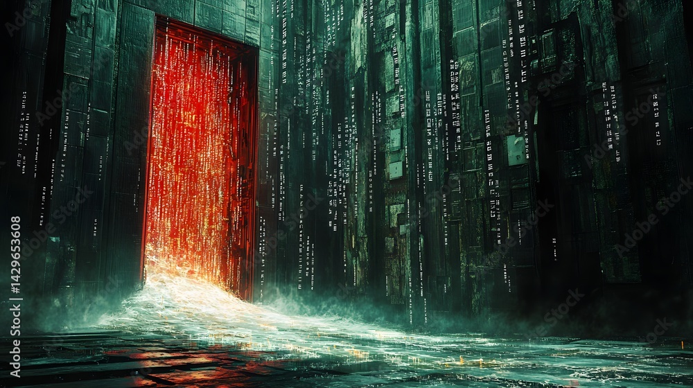 Fototapete a digital artwork depicting a glowing red gateway in a dark, futuristic corridor. the cryptic codes 