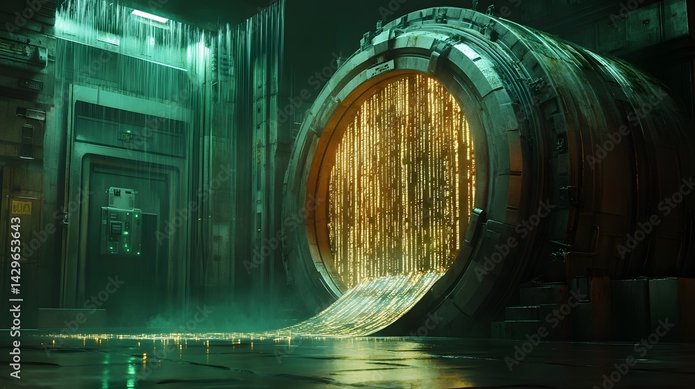 Poster A futuristic cyberpunk scene depicting a data stream flowing from a large metallic gateway. Green and gold hues dominate. Digital Abstract waterfall gate depiction of a data leak