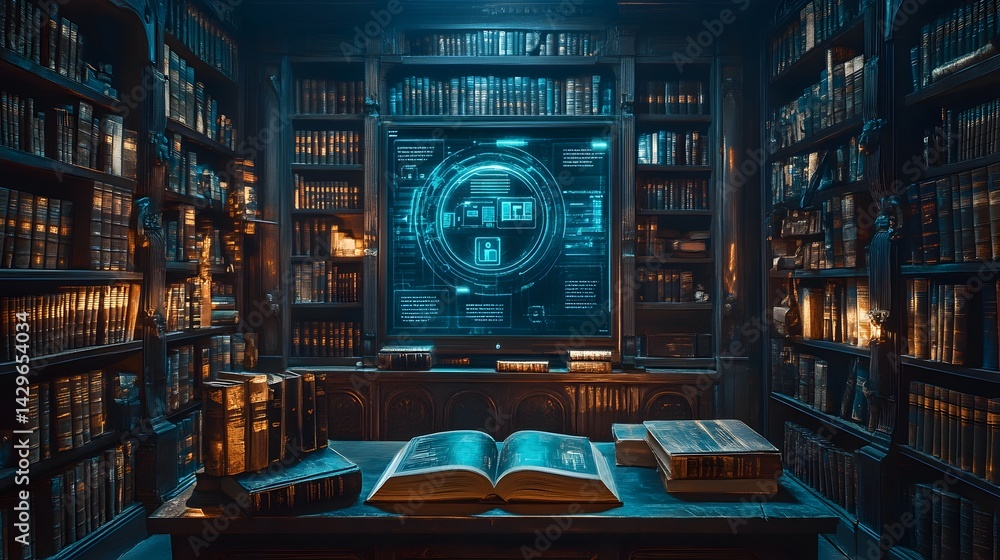 Poster a digital screen displays data in a classic library filled with books. the scene evokes a sense of m