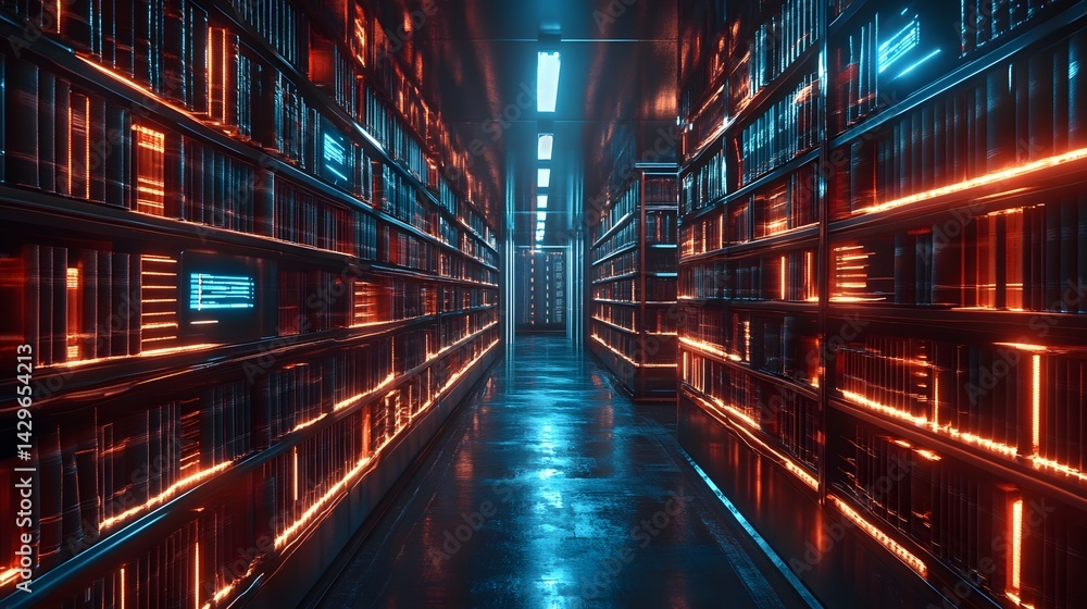 Poster a digital rendering of a futuristic library with neon lighting. shelves filled with books glow in vi