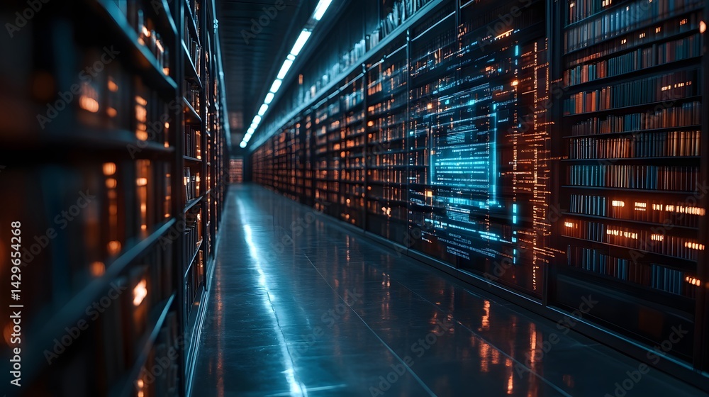 Leinwandbilder a futuristic library with digital displays showcasing code and data alongside traditional bookshelve