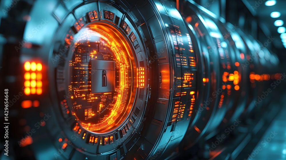 Fototapete image showcases a futuristic cybersecurity system, a network of high-tech data servers with integrat