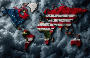 A cracked world map, fragmented and overlaid with various national flags, set against a stormy sky, symbolizes global conflict and division.