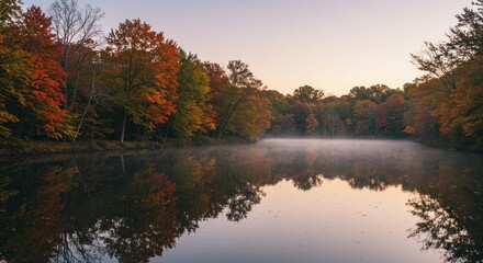 Fototapeta premium Autumn Trees Reflecting on Still Lake - Photos