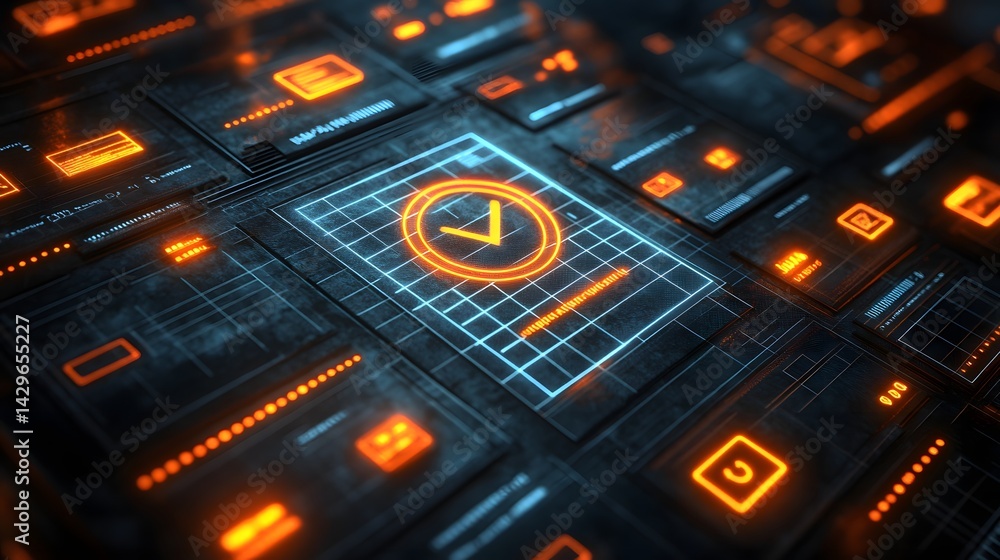 Poster futuristic digital interface showcasing data security and verification process. orange and blue tone