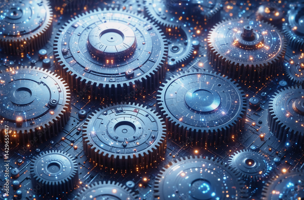 Poster intricate network of blue metallic gears and circuit patterns create a futuristic mechanical landsca