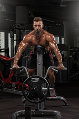 muscular man impressive physique works out in contemporary gym. He uses strength training machine emphasizing his dedication fitness and bodybuilding.