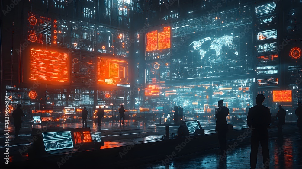 Aufkleber a futuristic control center displays global data on numerous screens. personnel monitor the network,