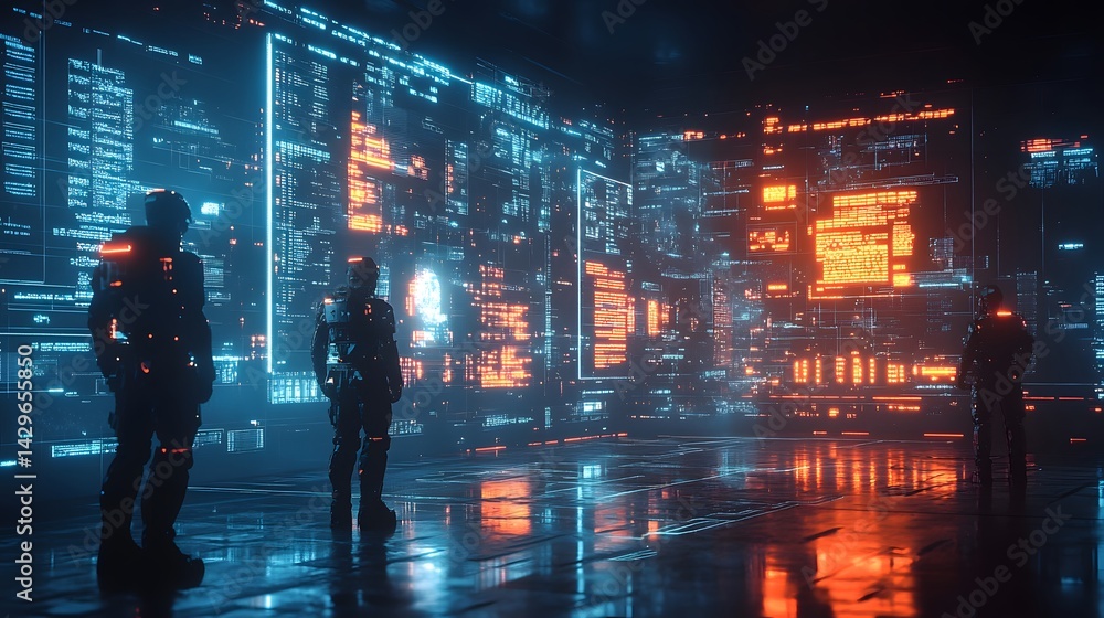 Leinwandbilder three astronauts in a futuristic environment observing massive data streams projected onto a wall. d